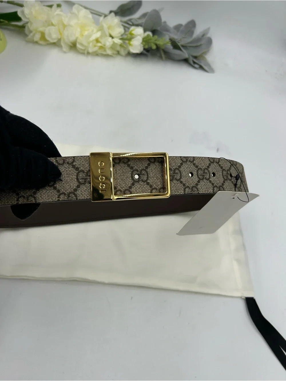 Unisex Gucci Monogram Canvas Belt with Gold engraved Buckle - Beige/Brown 80/32